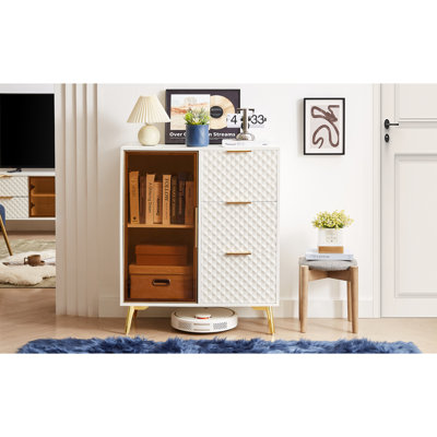 White Three Drawer Chest With Adjustable Feet, Aluminum Alloy Frame, And Ample Storage For Socks Tempered Glass Doors, Unique Geometric Faces - 31.5"l X 15.7"w 37.6"h