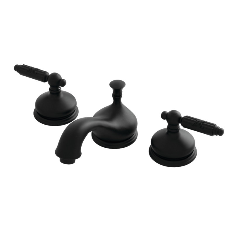 Kingston Brass Georgian Two-Handle 3-Hole Deck Mount Widespread Bathroom Faucet with Brass Pop-Up Drain, Matte Black