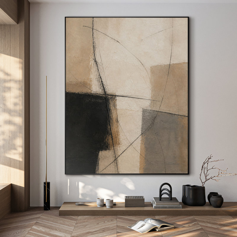 Très grand art mural imprimé sur tissu - Composition abstraite géométrique avec des accents noirs et beiges pour le salon ou la chambre à coucher - «Assemblage requis du cadre (cadre non fini)»
