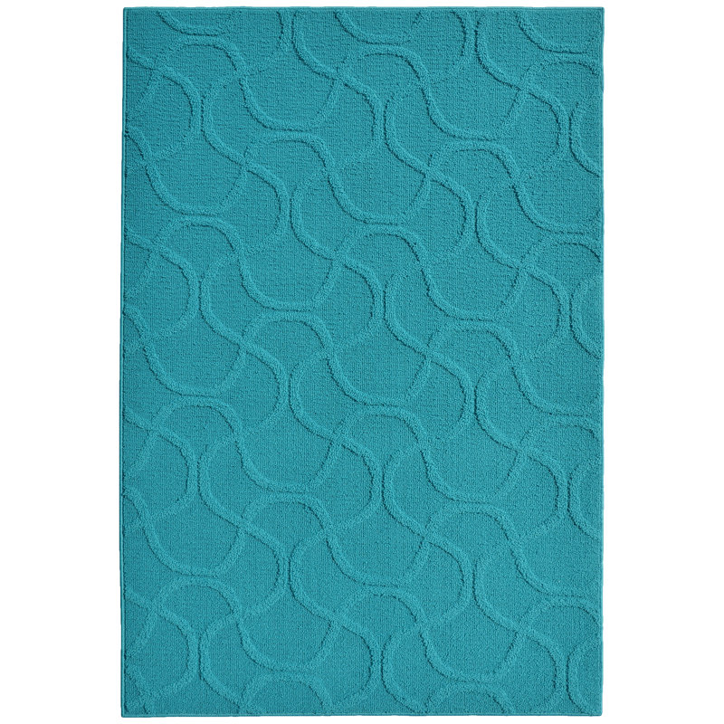 Tapis bleu sarcelle touffeté à motif géométrique Lonan, Rectangle 5 pi x 7 pi