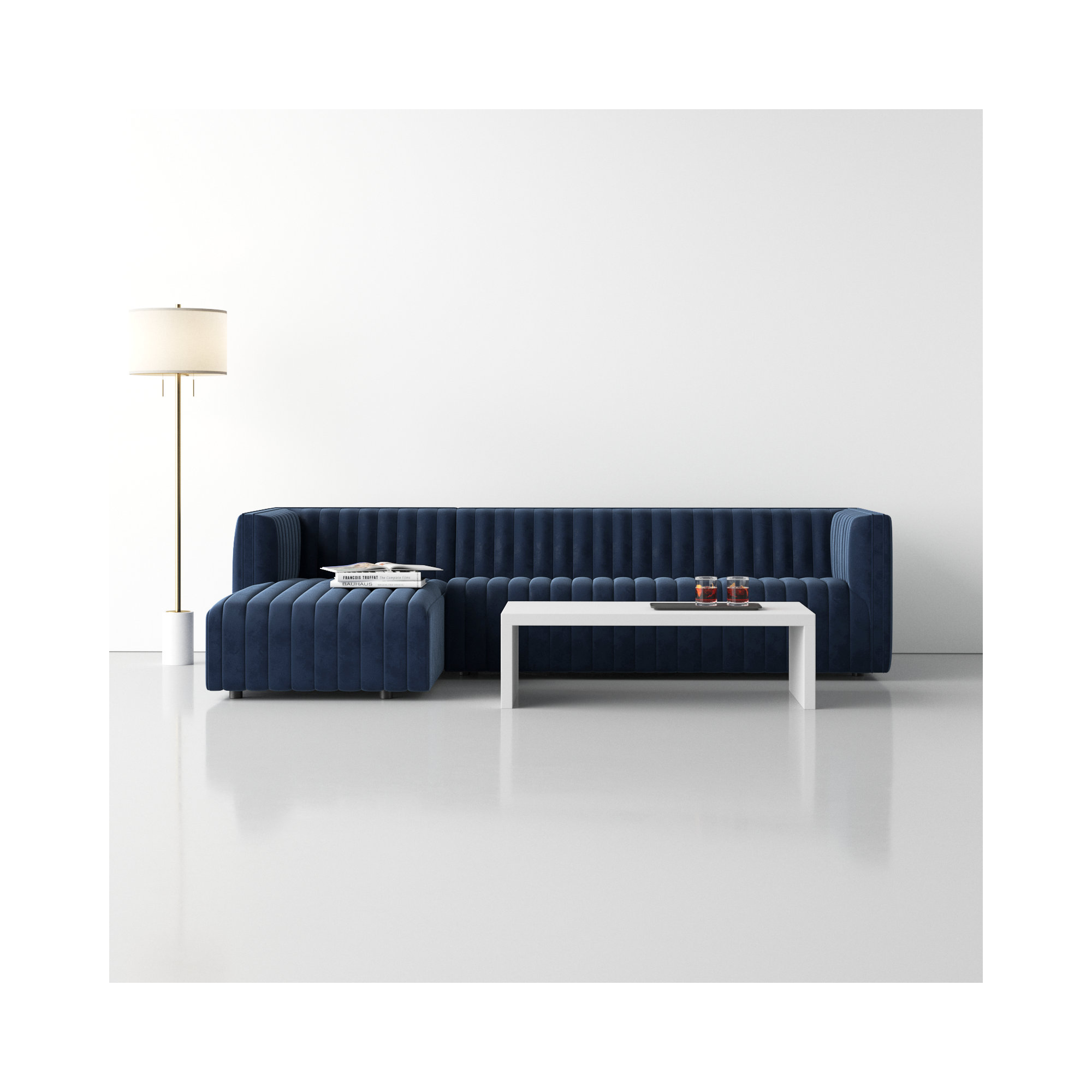 Brandt Upholstered Chaise L-Sectional, Orly Natural Velvet, 26" H X 126" W X 64" D, Right Hand Facing