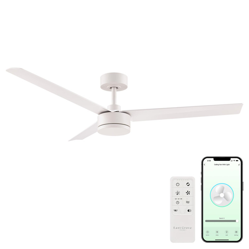 Breeze Collection Smart Indoor and Outdoor 52in 3-Blade Ceiling Fan with Remote Control Works With iOS or Android App, White