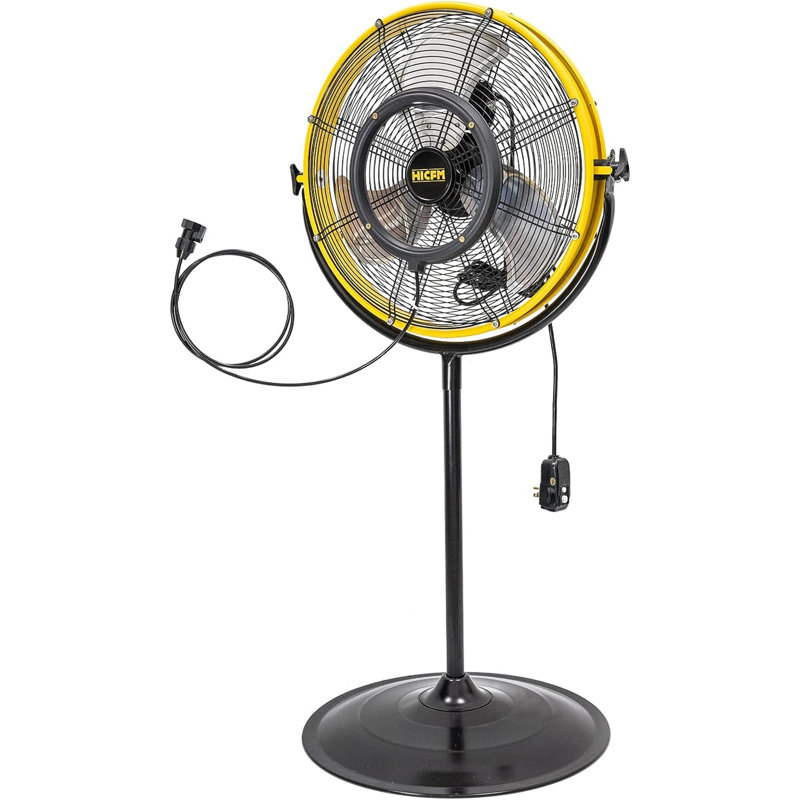 20 po Ventilateur sur piédestal à 3 vitesses en jaune avec moteur fermé IP44, ensemble de pulvérisation de brume détachable, tête inclinée à 180 °