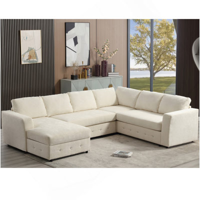 110.75" Sectional Sofa,Oversized Modular Sofa,Chaise Storage, Modern U Shaped  Couch , Upholstered Sofas,Chenille,Crystal Button , Living Room, Apartment,  Beige