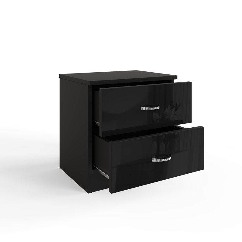 Brendle 2 Drawer Bedside Table Nightstand. High Gloss Front with Chrome Handles, Scratch Resistant., Black