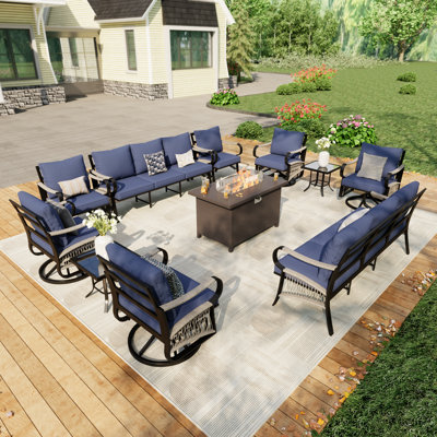 Ensemble de meubles de patio en métal 11 pièces avec table de feu, ensemble de conversation d'extérieur pour la cour arrière, coussins bleus 11 pièces