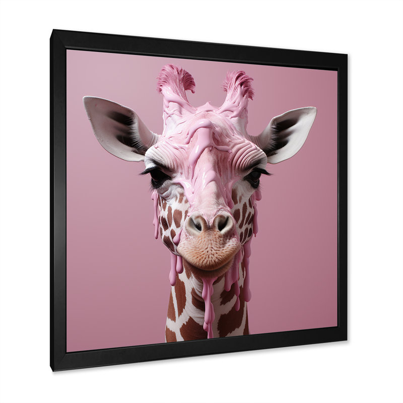 Girafe rose, position romantique sur toile, H 36 po x l 36 po x P 1,5 po, Cadre simple noir