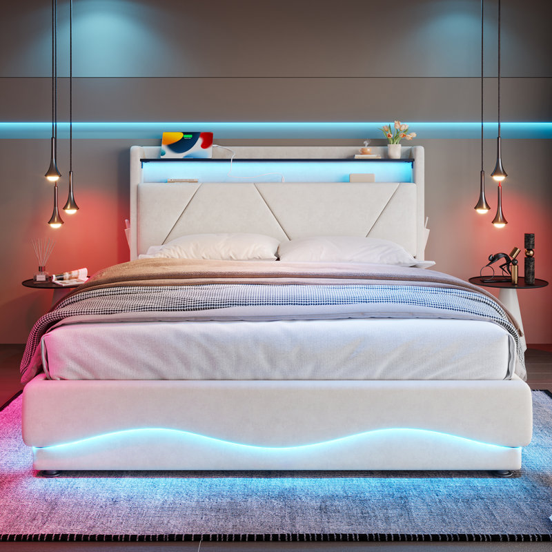 4ft6 Ottoman Bed With Led, Usb And Storage Headboard Velvet Beige, Beige, Kingsize (5')