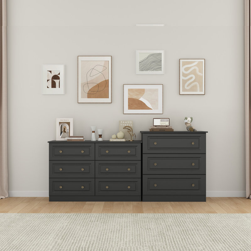 Ensemble de chambre à coucher 2 pièces Peiffer: commode à 6 tiroirs et commode à 3 tiroirs (ensemble de 2), Black