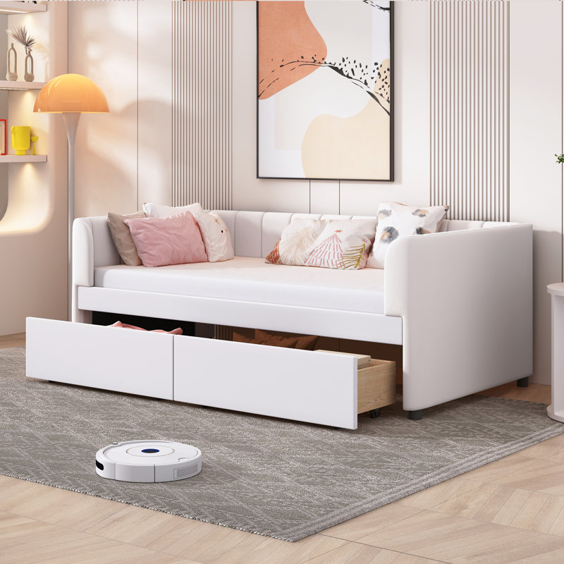 Lit de jour simple tapissier avec dossier ergonomique et 2 tiroirs, beige