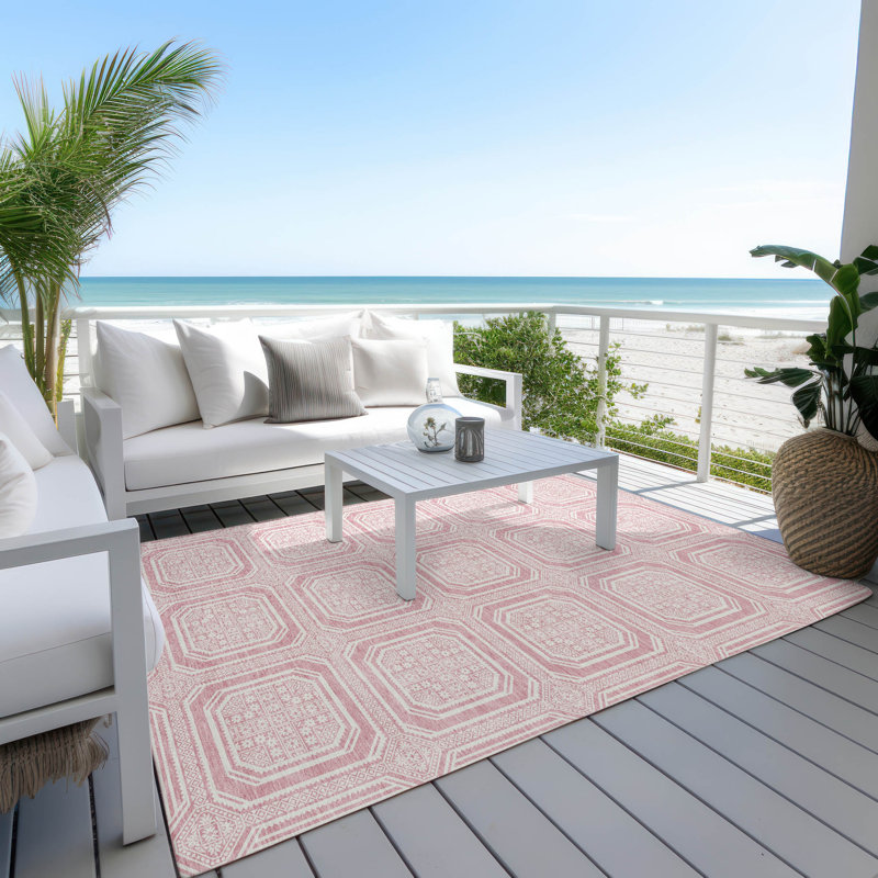 Pink and White Rectangular Washable Synthetic Rug