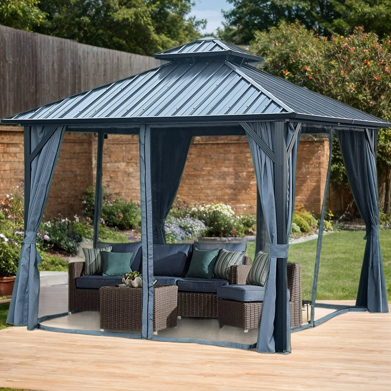 Galvanized Steel Double Roof Gazebo 10'x10'/10'x12'/12'x12'- Sturdy Aluminum Frame with Netting & Curtains for Lawn, Patio, Backyard