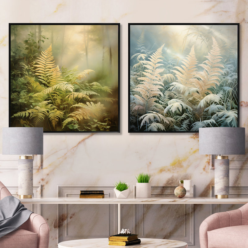 Ferns Romantic Impression II - ensemble de 2 collages floraux carrés, Cadre flottant noir, H 16 po x l 33 po