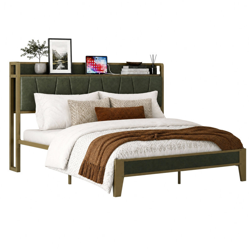 Grand lit Framle avec tête de lit tapissier, lit plateforme avec station de charge, vert foncé , Grand, Dark Green