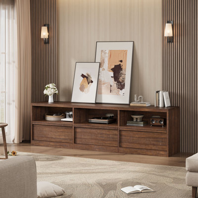 70" Mid Century TV Stand for TVs up to 85", Wood Media Console with Drawer & Open Shelves, Entertainment Center for Living Room & Bedroom, Brown Red