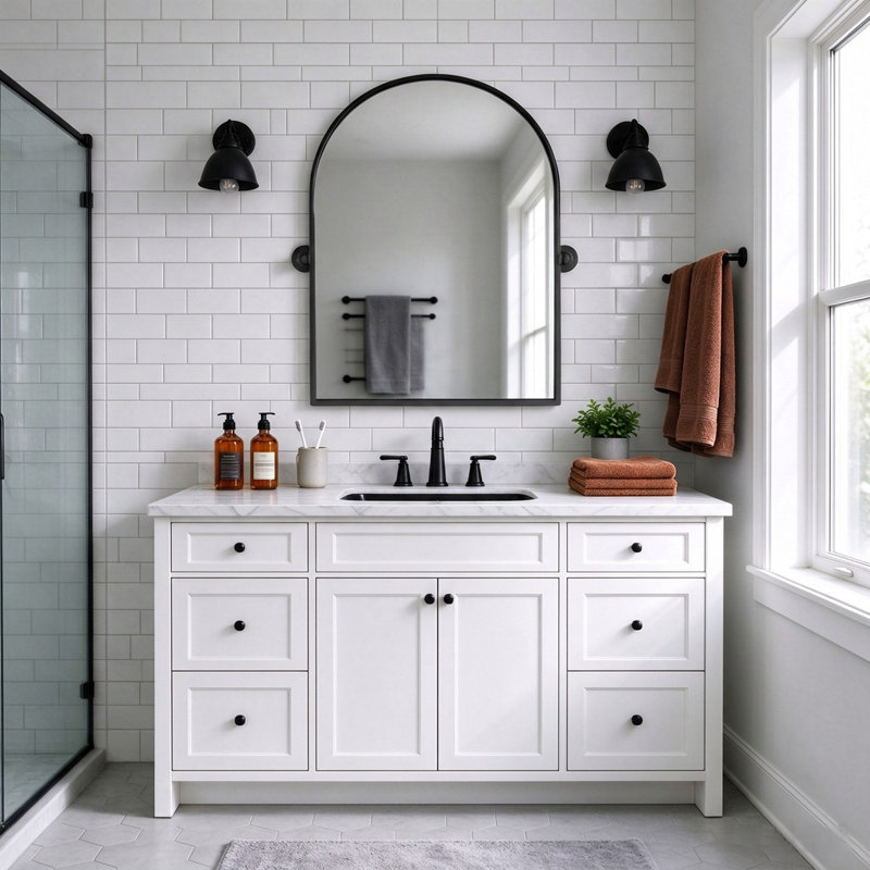 Arched Metal Framed Pivot Wall Mirror Bathroom Mirror Dresser Mirror, 91×61 cm/80×60 cm, 91cm x 61cm, Black