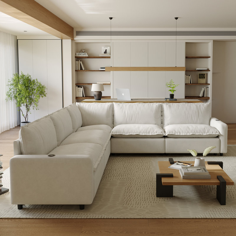 Moncada 5-Piece Modular Linen V-Shaped Power Reclining Sectional With Zero-Gravity And Heated Seats, Beige Linen