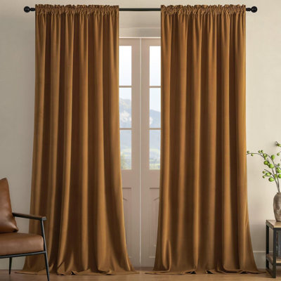 Camel Brown Velvet Curtains 84 Inch Length 2 Panels, Luxury Blackout Rod Pocket Thermal Insulated Window Curtains, Super Soft Room Darkening Drapes