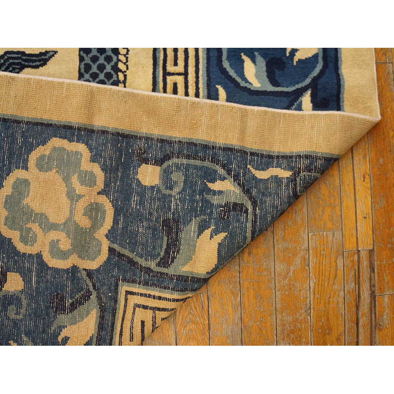 Antique Ivory Beige Cream White 1900s Hand Knotted Pile Large Wool Floral Medallion Rectangle Rug