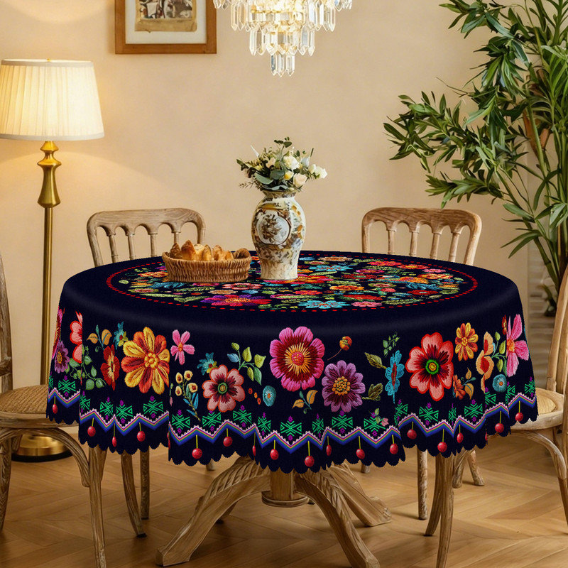Colorful Floral Pattern Design Washable Black Polyester Tablecloth