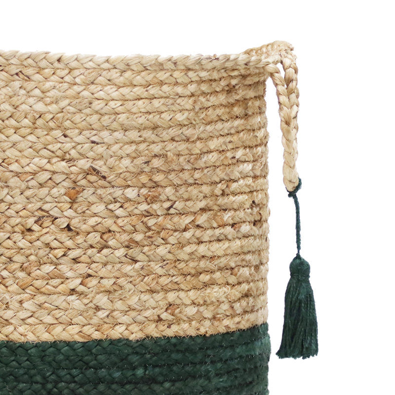 Handmade Natural Jute Relaxed Storage Basket, 17" H x 17" W x 17" D, Tan/Green