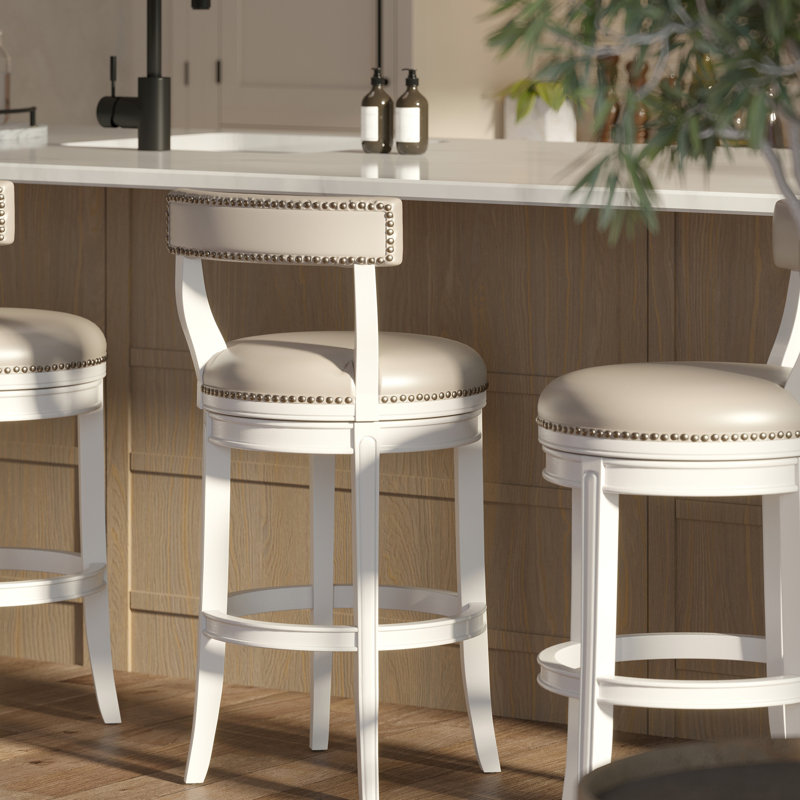 Tabouret de bar avec retour automatique à 180 degrés, 31 po Hauteur de l'assise, structure en bois blanc, revêtement en similicuir gris, pieds incurvés, poids de l'emballage de 31,23 lb, tabouret de 31 po et cuir, dossier ouvert 20,29