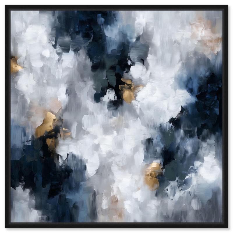 «Midnight and Ivory I», art mural abstrait sur toile , H 21 po x l 21 po, Cadre flottant noir