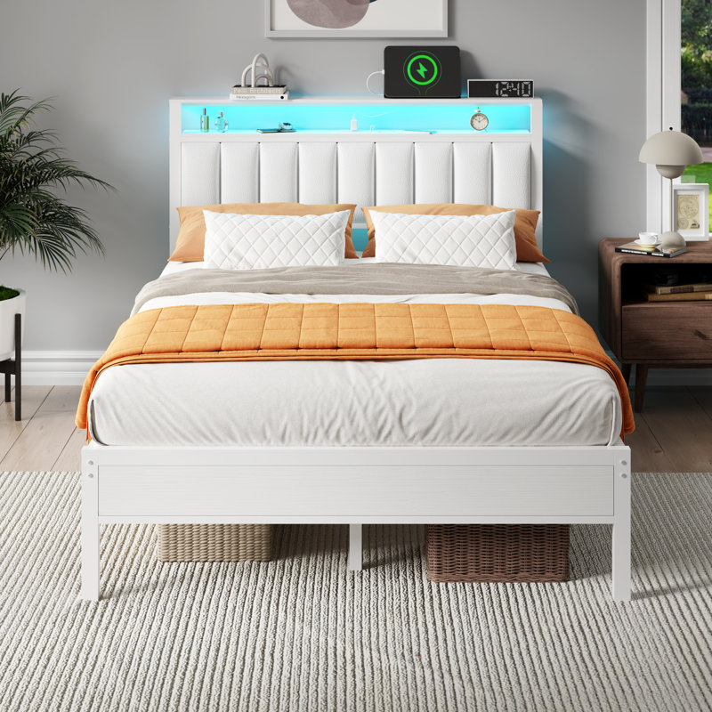 Bed Frame with Charging Station, LED Lights, Upholstered Headboard, 2-Tier Storage Shelve, Full, White
