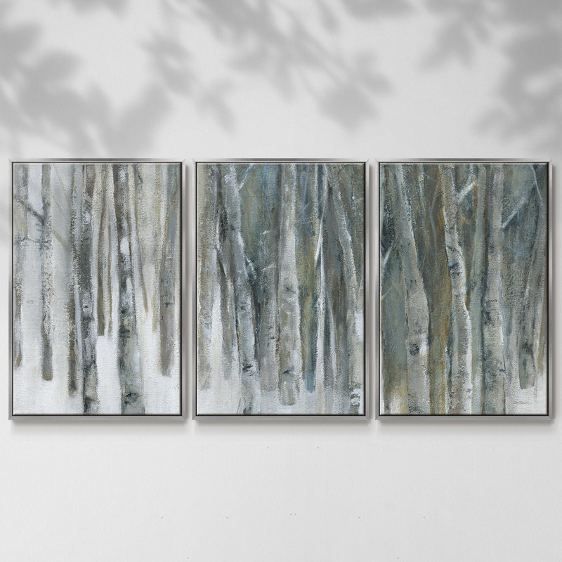 «Banff Birch Grove», peinture sur toile 3 pièces, Encadrement argenté, H 36 po x l 75 po