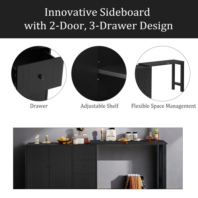 Innovative Sideboard With 2-Door, 3-Drawer Design And Adjustable Pull-Out Top For Flexible Use,Suitable For Study,Entrance And Living Room