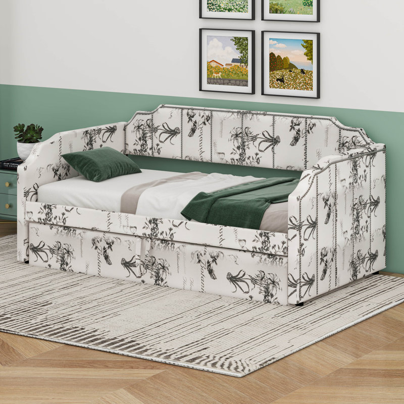 Lit de jour simple tapissier avec couchette escamotable et ports de chargement USB