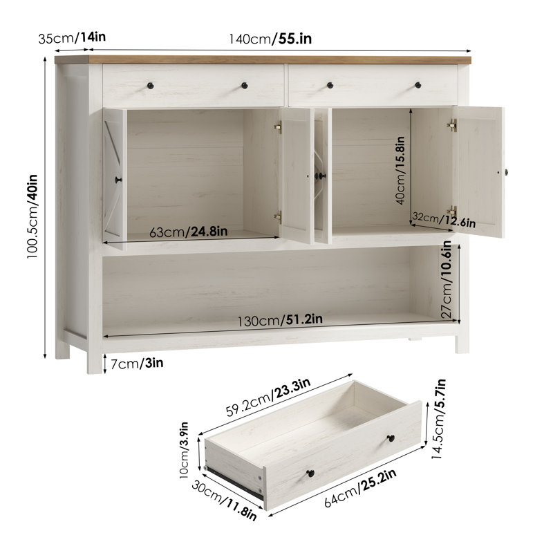 55.1" W Console Table, Entrance Cabinet With Open Shelf, Antiqued White