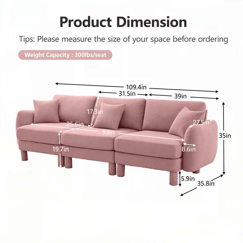Canapé 3 places en tissu Boucle incluant 3 coussins, Rose, 3, H 35 po x l 109,4 po x P 35,8 po