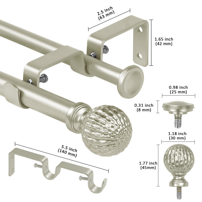 5/8" Double Curtain Rod With Balle Finials, Pewter,  28" - 48" 