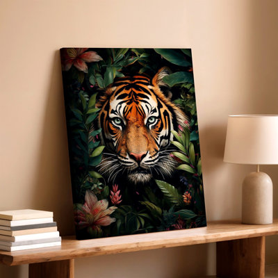 Tiger in Tropical Jungle Floral Canvas Print Wildlife Animal Decor Wall Art Print, Botanical Living Room Bedroom Hallway Decor, Modern Surreal Gallery Wall Accent for Apartment Loft Entryway Home Style