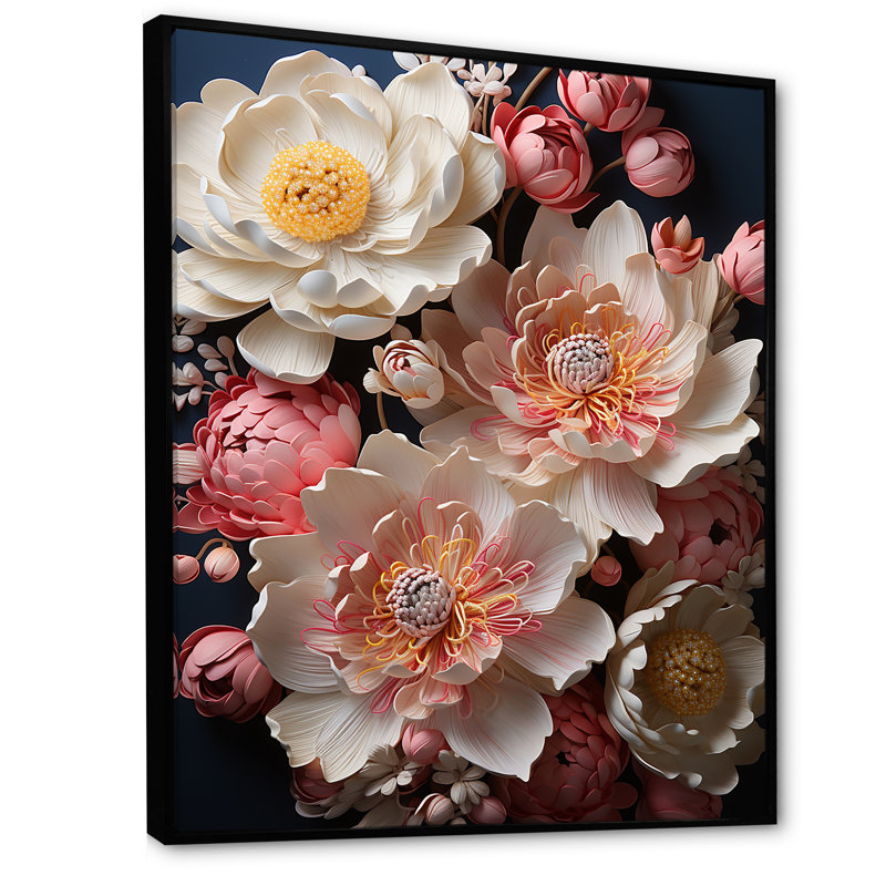 Pivoines ornées d'accents dorés magiques, Cadre flottant noir, H 32 po x l 16 po x P 1 po