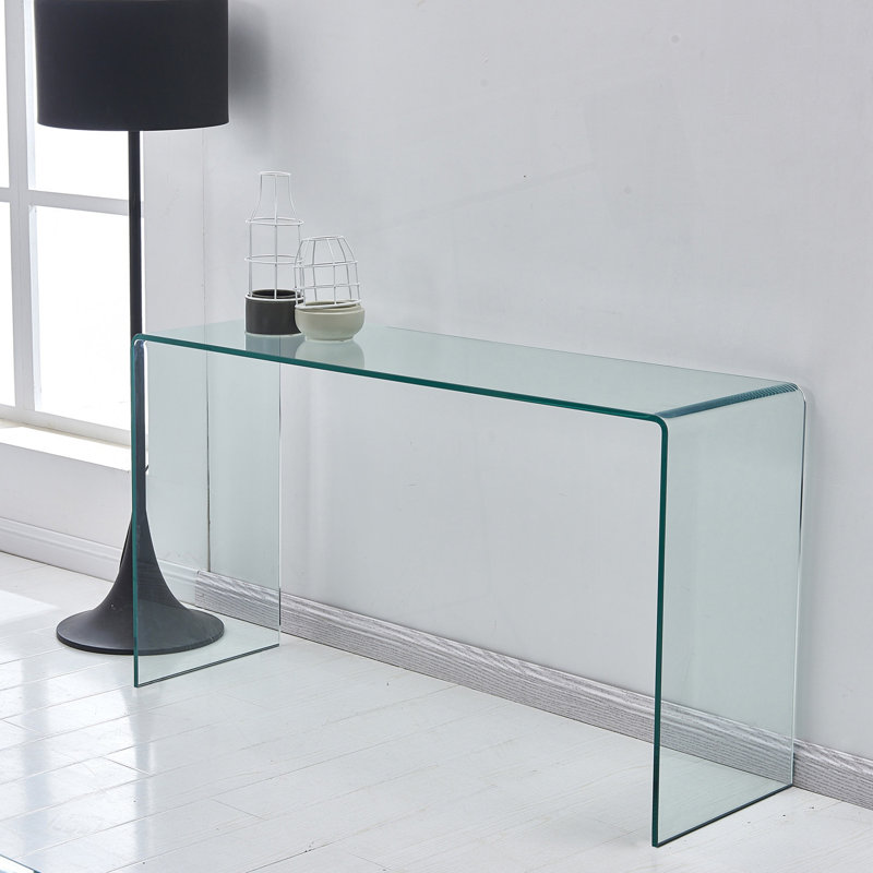 Console en verre, console en verre trempé transparent avec bords arrondis, table de canapé