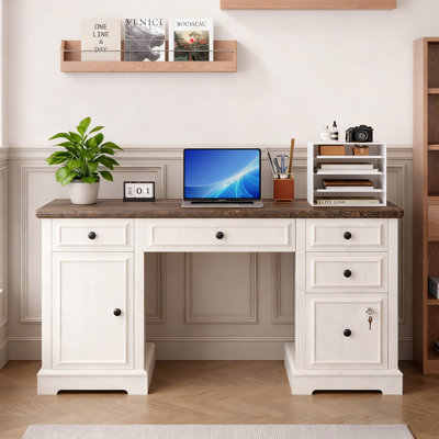 59" Farmhouse Computer Desk With Drawers & Power Outlets - Lockable File Cabinet, Rustic Wood Executive Desk by Millwood Pines