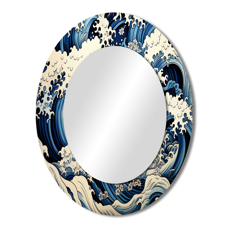 Japanese Waves In A Storm I - Large Oval Wall Mirror On Metal, 43" H x 33" W