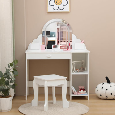 Lighted Mirror & Open Shelves Vanity Desk - Princess Makeup Table with Stool, Drawer & Pretend Toys, Wooden Dressing Table by Latitude Run