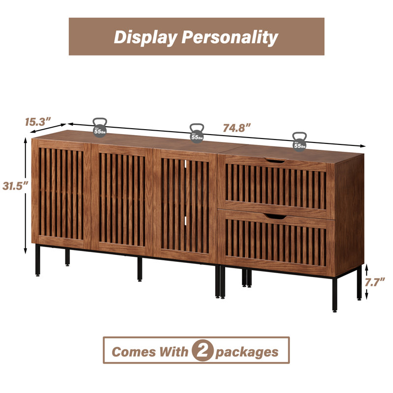 Storage Cabinet,75" Farmhouse Buffet Cabinet With Metal Base And Adjustable Shelves,sideboard Coffee Bar Cabinet With 3 Doors For Kitchen,dining Room,living Room,brown