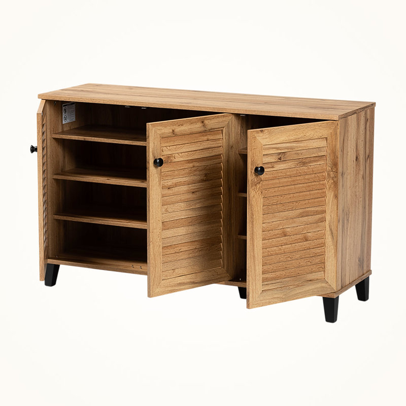 Mylene 2-Slatted Door Oak Finish 8-Shelves Shoe Cabinet, 27.2" H X 44.15" W X 14.29" D
