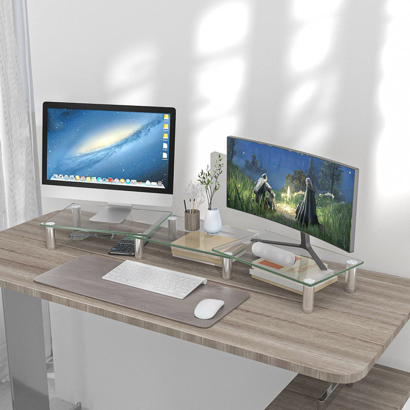 Dual Monitor Stand -Adjustable Length And Angle Dual Monitor Riser, Desktop Organizer