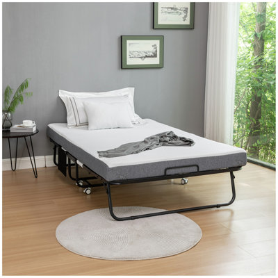 Lit pliant avec matelas, lit pliable portatif avec housse de rangement, lit escamotable pour adultes avec matelas en mousse à mémoire de forme et structure en métal, lit d'invité sur roulettes de format lit double, 75 po x 45 po