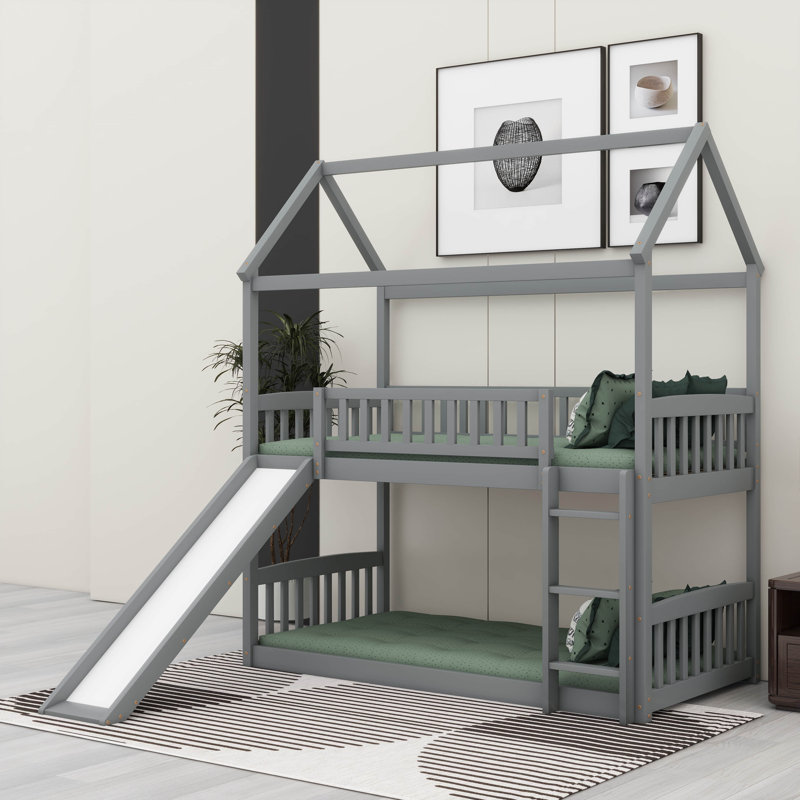 Lit superposé avec glissière et échelle convertible, Gris