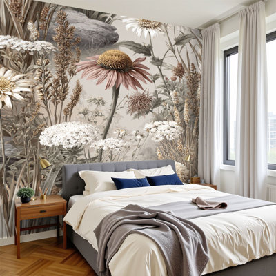 Vintage Peel and Stick Wallpaper Vintage Botanical Art Layered Wildflowers Soft Morning Light Wall Murals 100"H x 144"W Removable PVC Wall Paper Self-Adhesive Farmhouse Nature Wall Decor for Bedroom Living Room