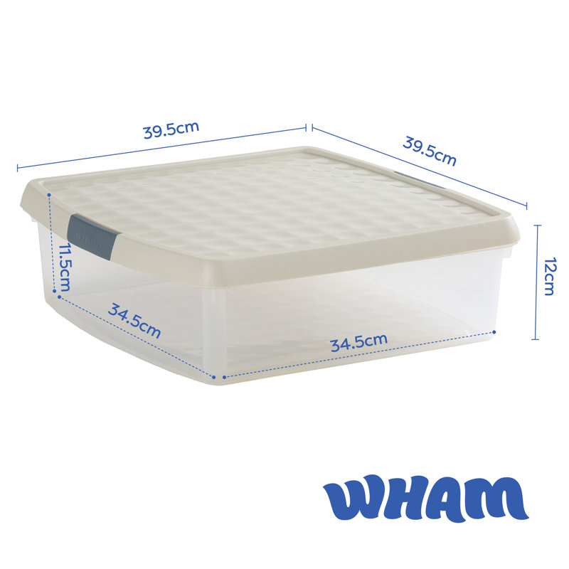 Wham Clip 5x 13.2L Square Plastic Storage Boxes with Secure Clip Lock Lids. L:39.5 x W:39.5 x H:12cm Clear/Green Milieu/Stone