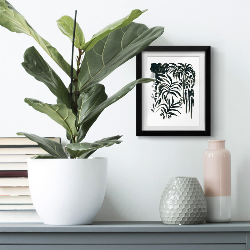 Motif de formes de feuilles II, Papier avec cadre noir, White, H 20 po x l 16 po