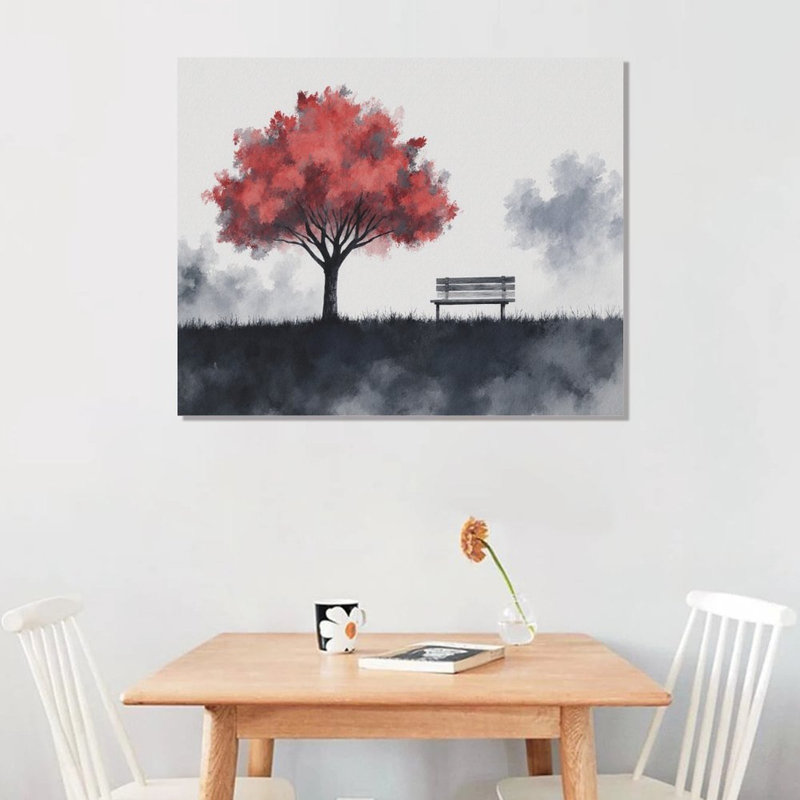 Aquarelle sur banc rouge, cadre en bois intégré, l 16 x L 20