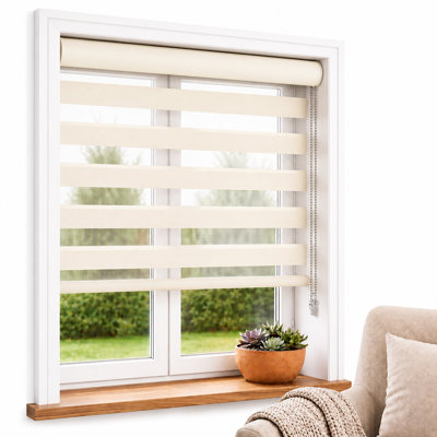 SHADESU Custom Made Zebra Roller Shade, Dual Layer Light Filtering Window Blind with Color-Matched Matte Scratch-Resistant Cassette, Sheer and Solid Fabric, Ivory, 90" W x 78" H